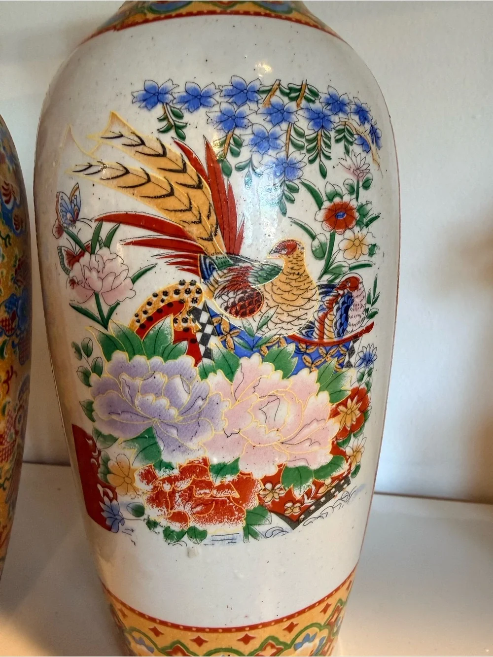 Pair Vintage Japanese Satsuma Style Porcelain Vases Hand Painted Birds Floral